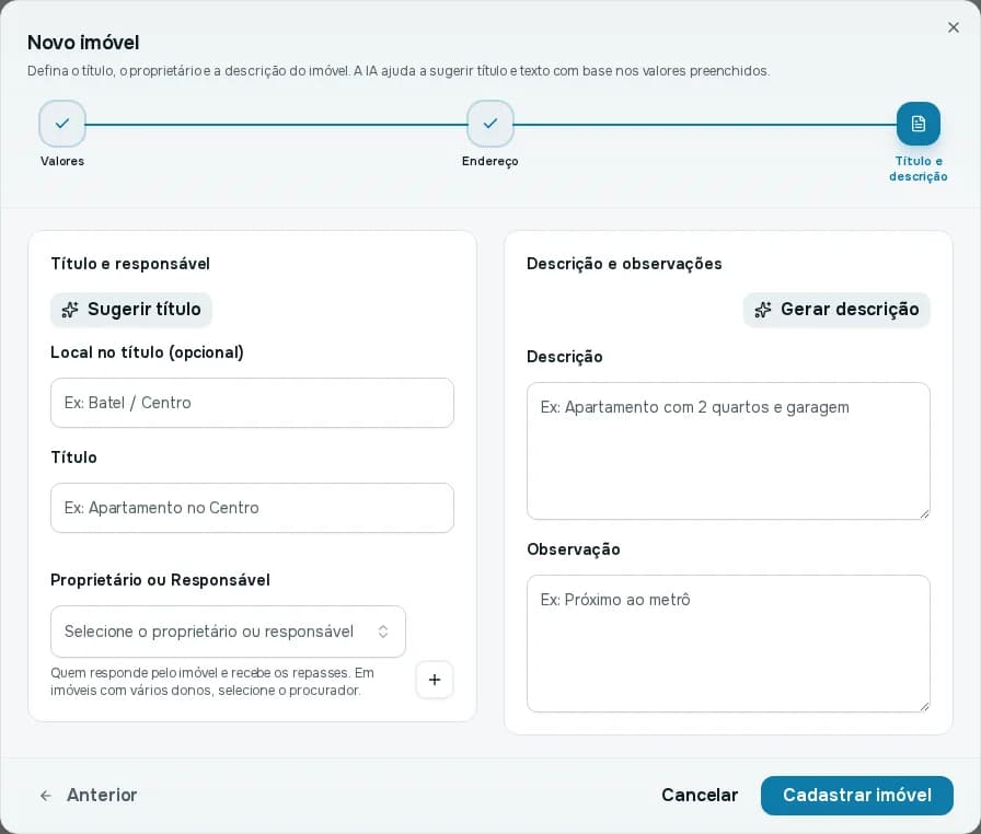 Terceiro passo do Novo imóvel, com Título, Proprietário ou Responsável, Descrição e Observação e o botão Cadastrar imóvel