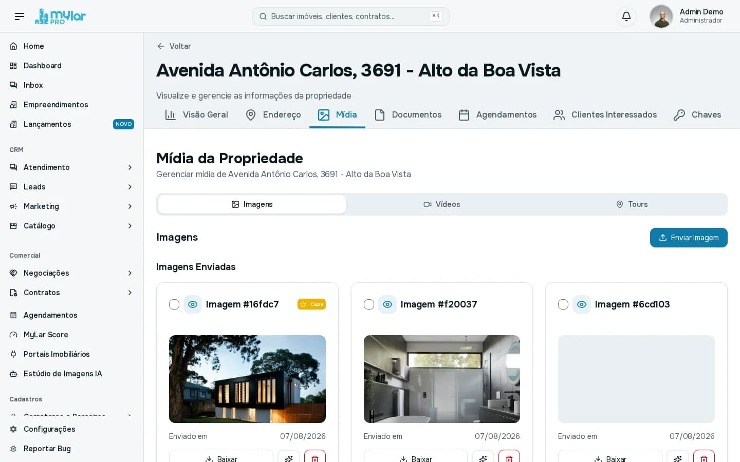 Aba Mídia com as abas Imagens, Vídeos e Tours, o botão Enviar Imagem e as imagens já enviadas