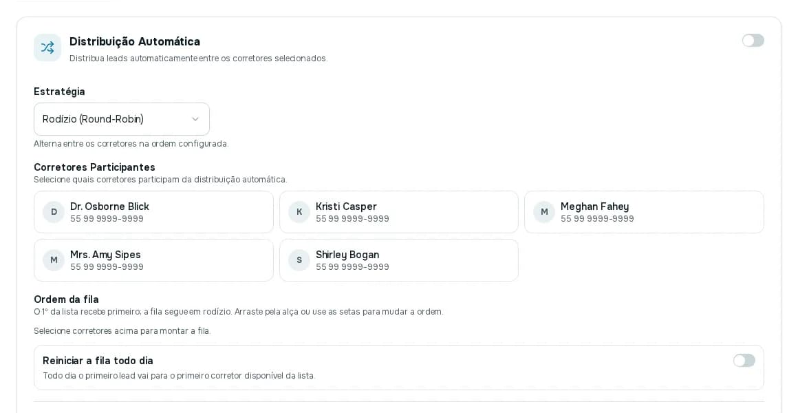Aba Distribuição com a estratégia Rodízio, os corretores participantes e a opção Reiniciar a fila todo dia