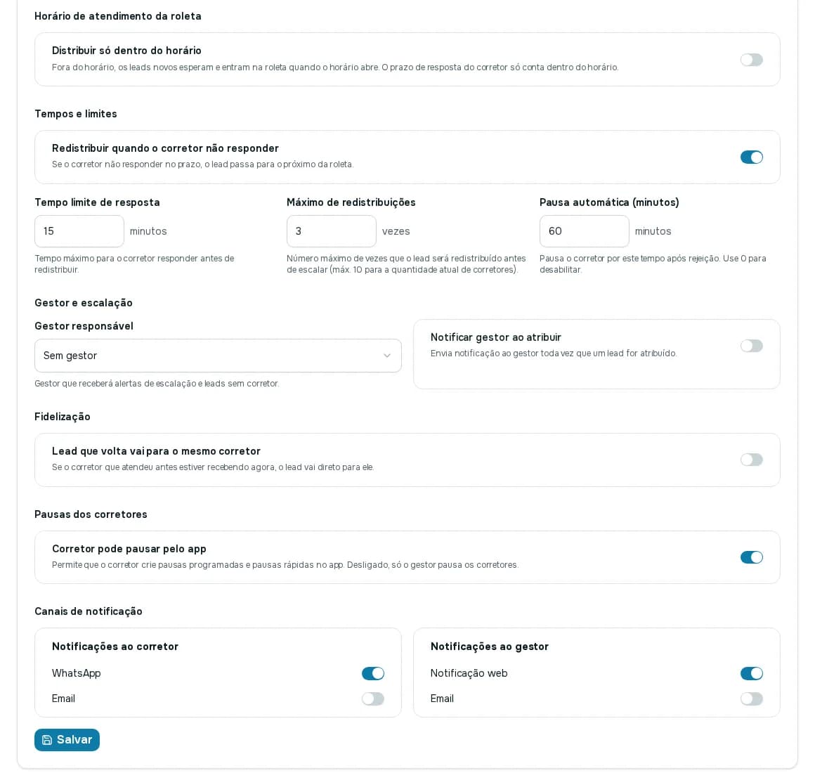 Configurações de tempos e limites da roleta, gestor responsável, fidelização, pausas e canais de notificação