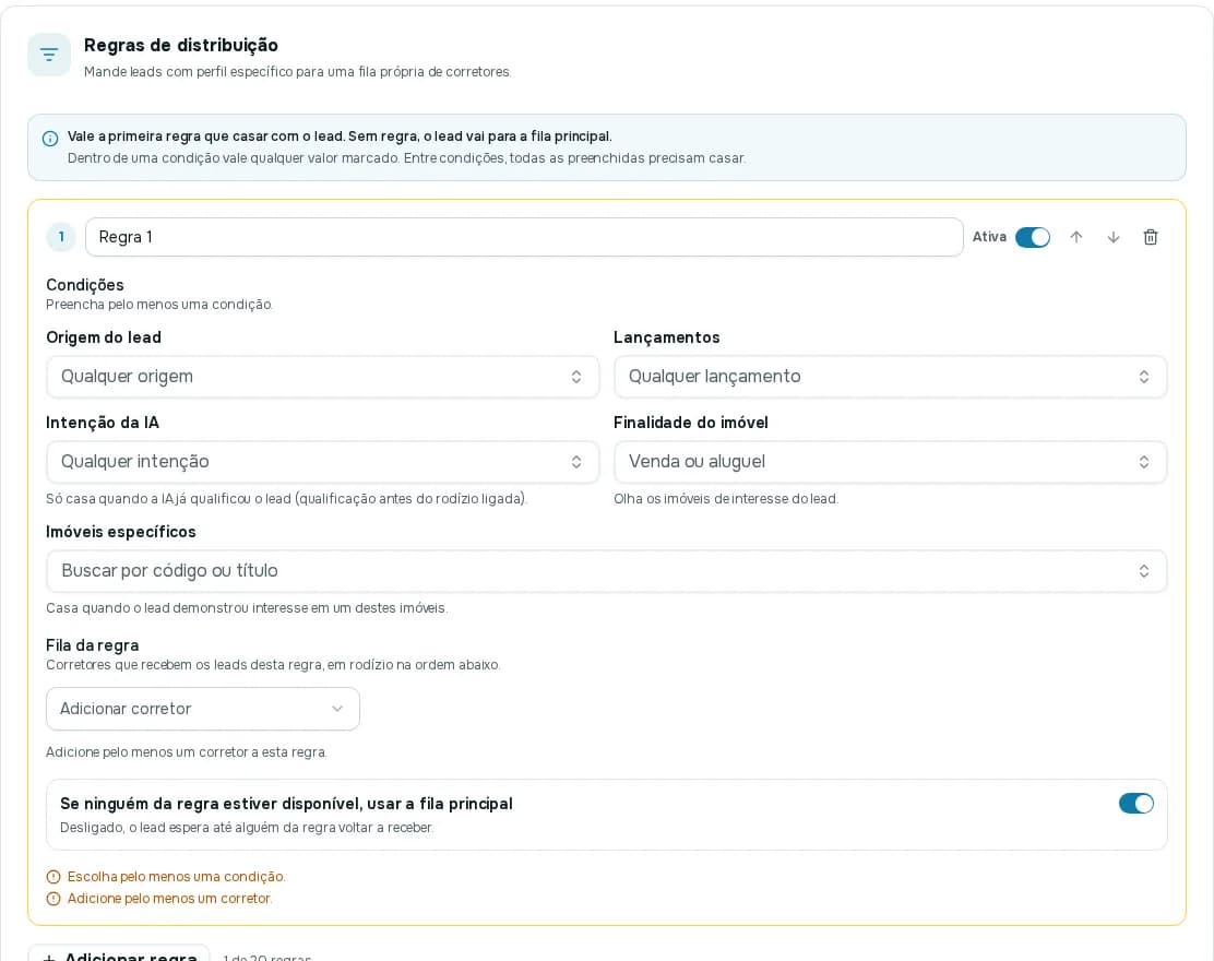 Regras de distribuição com uma regra nova, condições de origem, lançamento, intenção, finalidade e imóveis, e a fila de corretores da regra