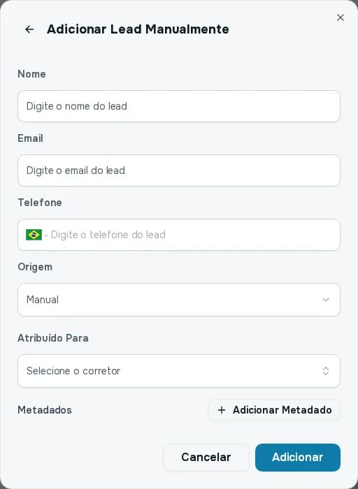 Janela Adicionar Lead Manualmente com nome, email, telefone, origem, corretor e metadados