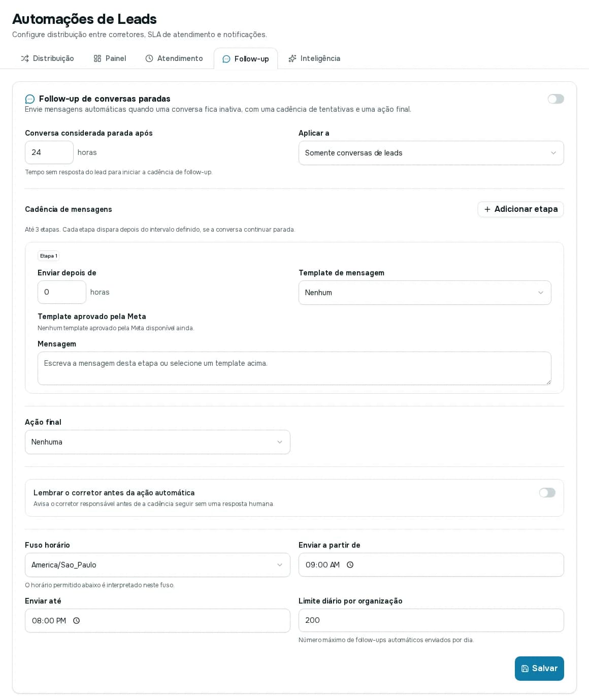 Aba Follow-up com o tempo de conversa parada, a cadência de mensagens, a ação final, o fuso horário e o limite diário
