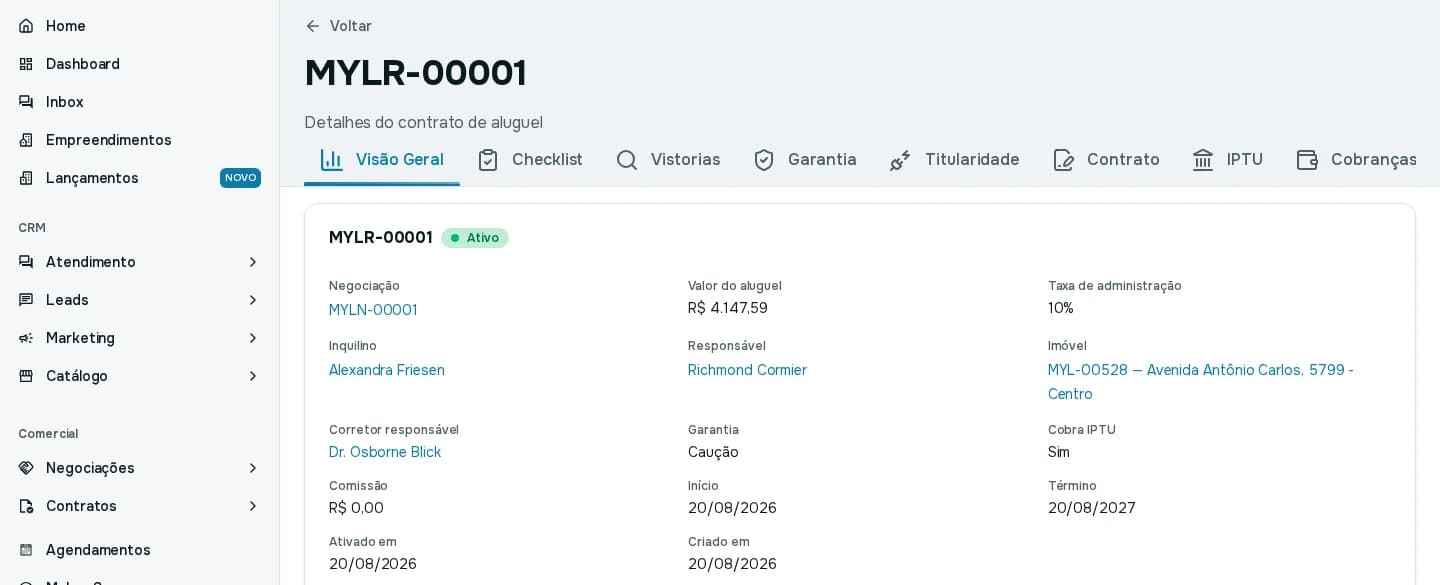 Visão Geral de um aluguel ativo, com negociação, valor, taxa de administração, inquilino, responsável, imóvel, garantia e datas