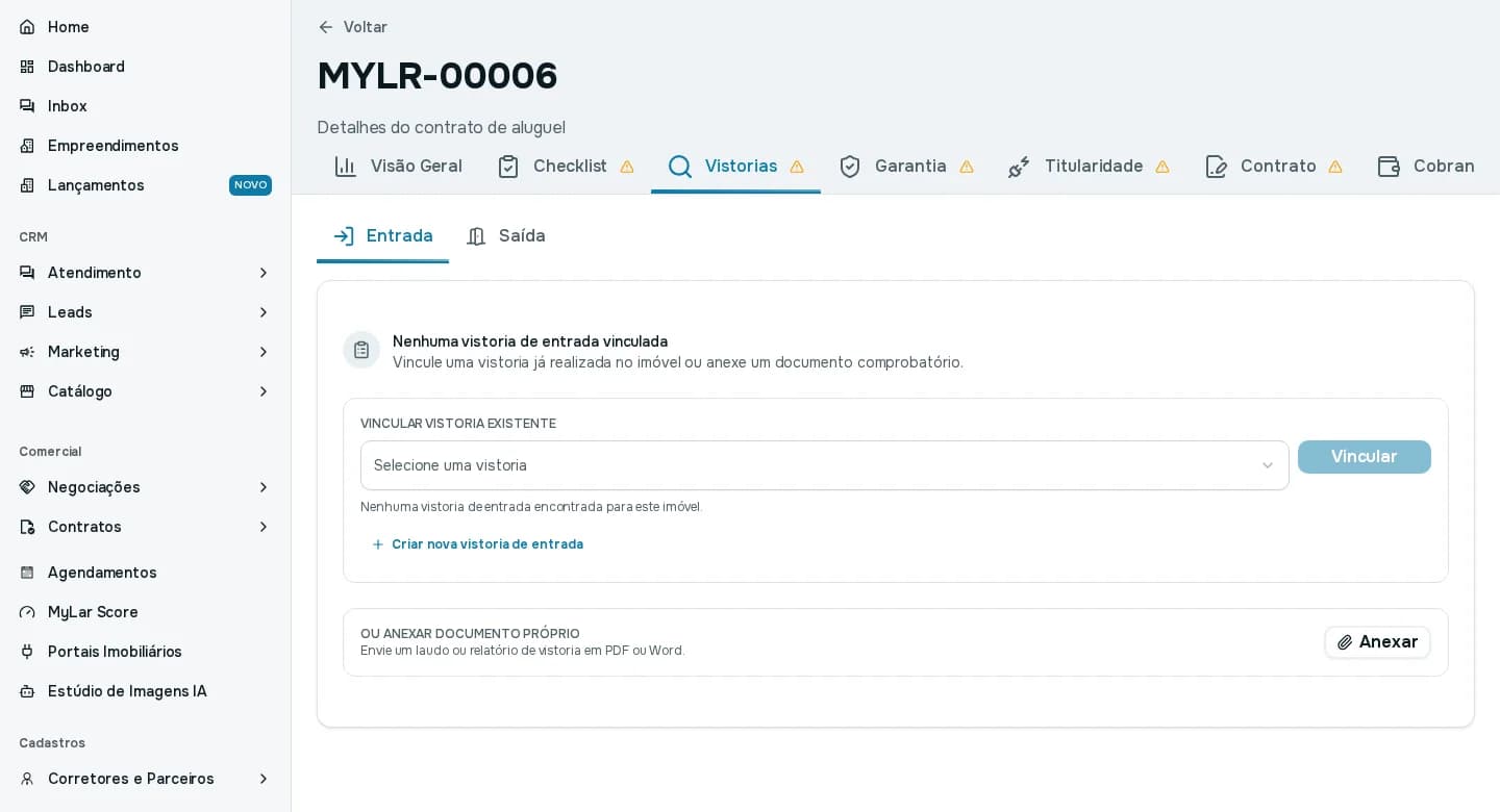 Aba Vistorias, parte Entrada, com a opção de vincular uma vistoria existente ou anexar documento próprio
