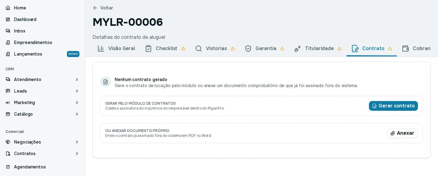 Aba Contrato sem contrato gerado, com as opções Gerar contrato e Anexar
