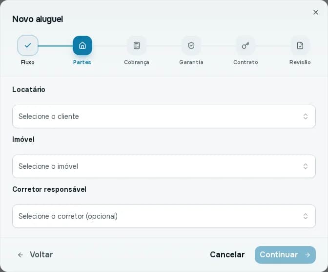 Passo Partes do assistente, com locatário, imóvel, responsável e corretor