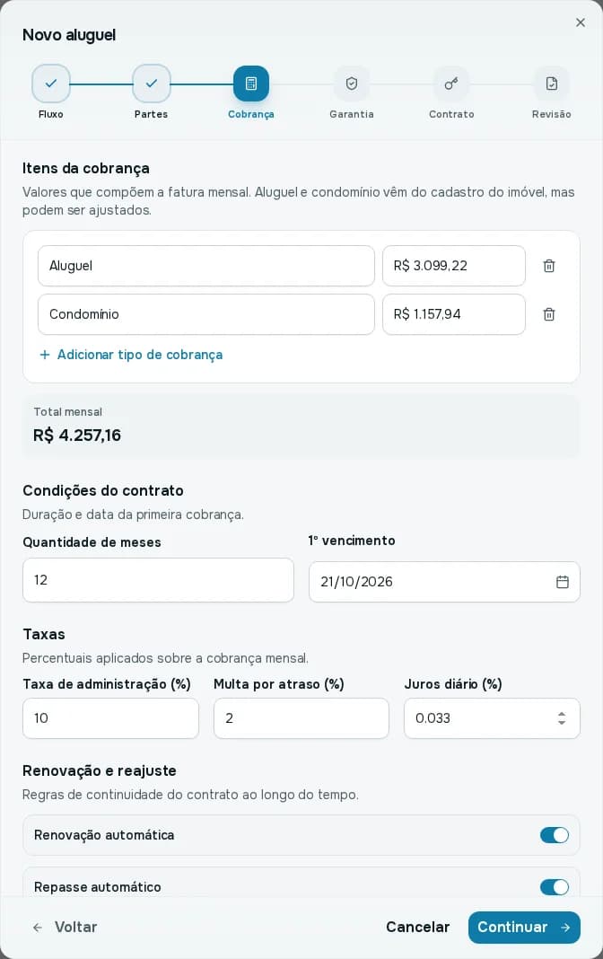 Passo Cobrança, com itens da cobrança, quantidade de meses, primeiro vencimento e taxas