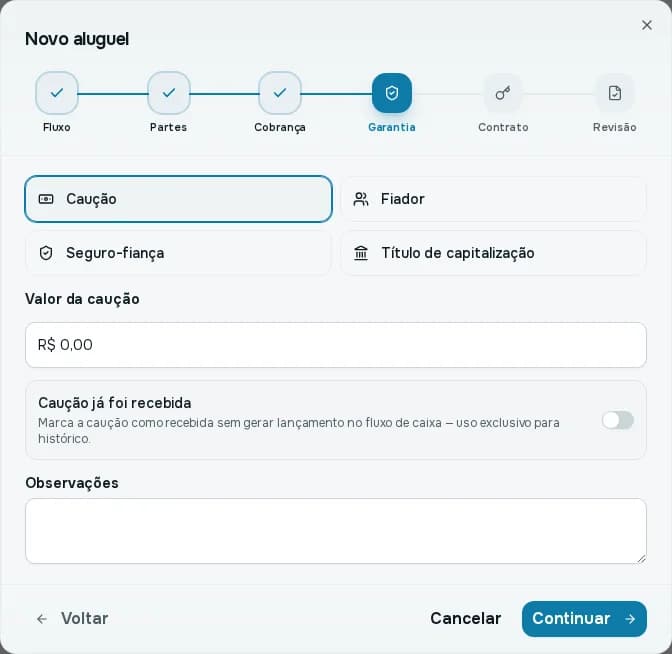 Passo Garantia, com as quatro modalidades e os campos da caução