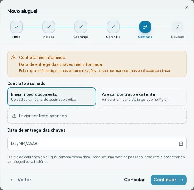 Passo Contrato, com as opções de enviar ou anexar o contrato e a data de entrega das chaves