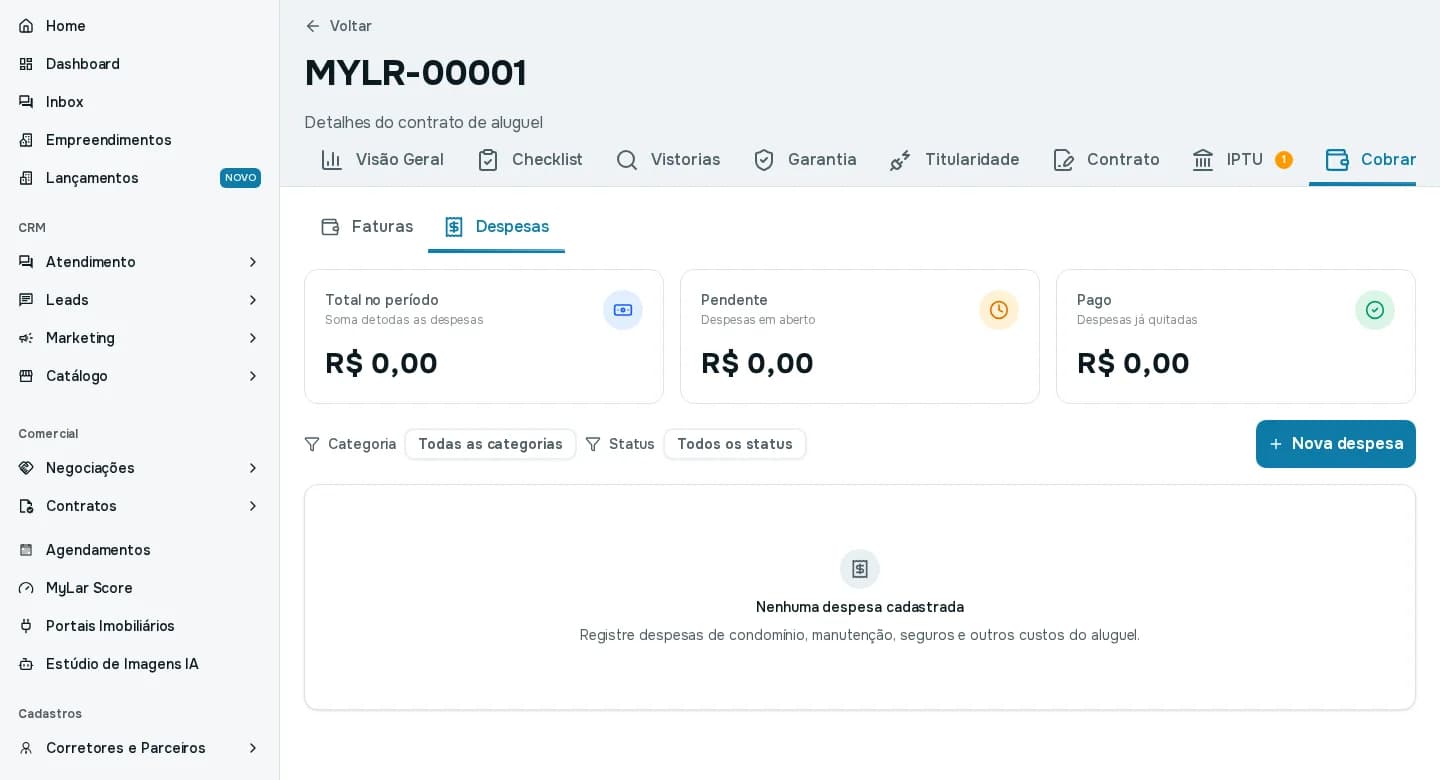 Aba Despesas do aluguel, sem despesas cadastradas, com os totais, os filtros e o botão Nova despesa