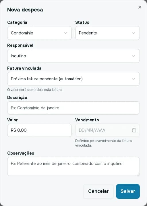 Janela Nova despesa, com categoria, responsável inquilino e fatura vinculada na próxima fatura pendente