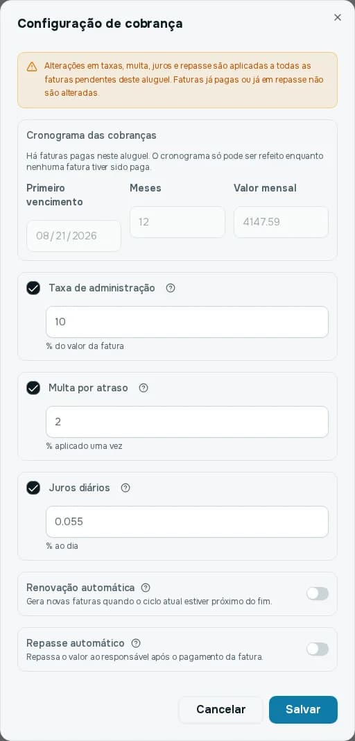Janela Configuração de cobrança, com o bloco Cronograma das cobranças bloqueado por já haver faturas pagas