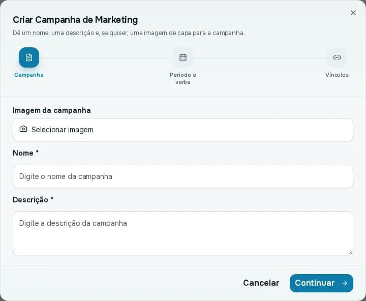 Janela Criar Campanha de Marketing no primeiro passo, com imagem, nome e descrição