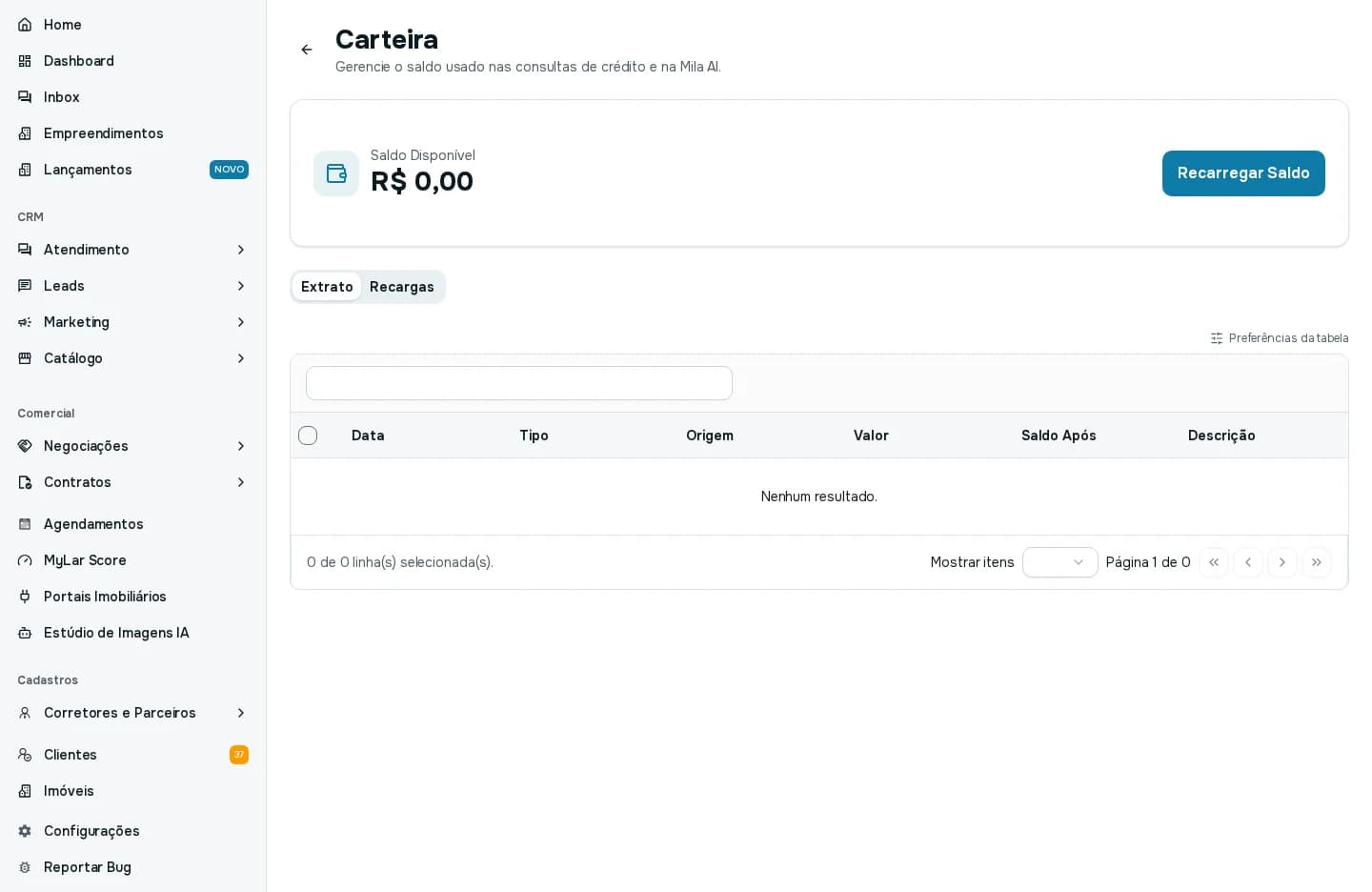Tela Carteira com o saldo disponível, o botão Recarregar Saldo e as abas Extrato e Recargas
