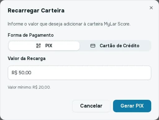 Janela Recarregar Carteira com a forma de pagamento Pix ou Cartão de Crédito e o valor da recarga
