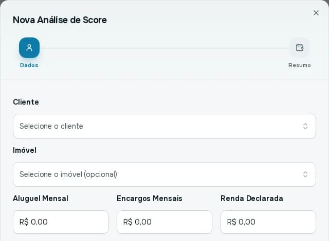 Passo Dados do assistente com cliente, imóvel, aluguel mensal, encargos mensais e renda declarada