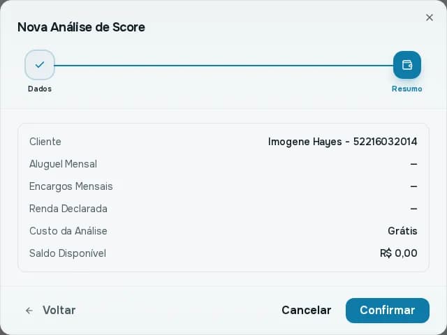 Passo Resumo da análise, com o custo grátis e o saldo disponível