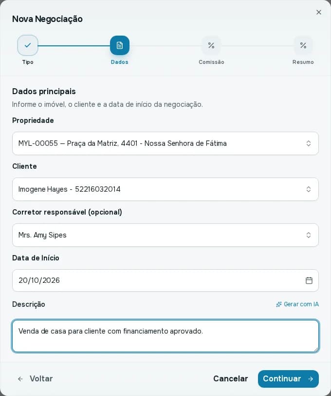 Etapa Dados principais com propriedade, cliente, corretor responsável, data de início e descrição
