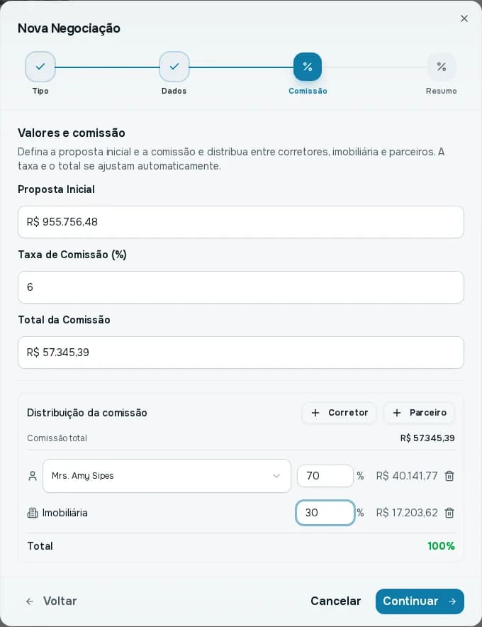 Etapa Valores e comissão com a proposta inicial, a taxa de 6% e a divisão da comissão entre corretor e imobiliária