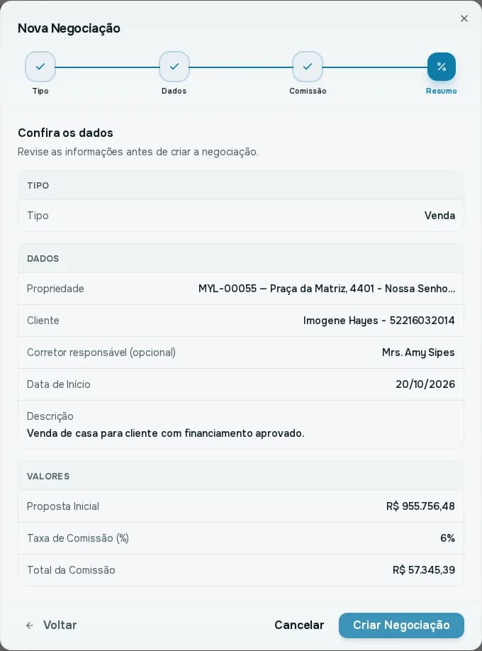 Etapa Resumo com os dados da negociação e o botão Criar Negociação