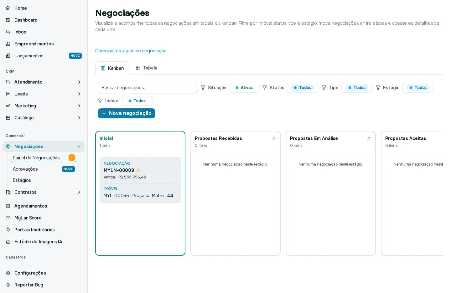 Tela Negociações no modo Kanban com as colunas Inicial, Propostas Recebidas, Propostas Em Análise e Propostas Aceitas, e os filtros acima