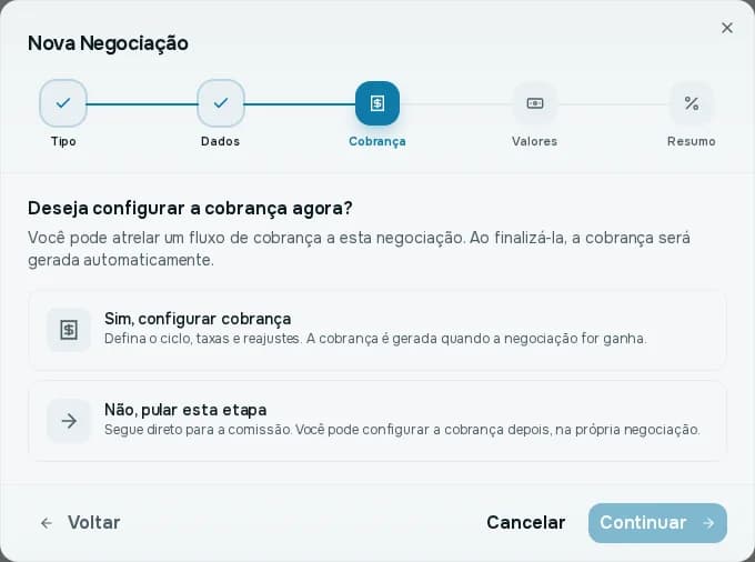 Passo Cobrança do assistente de locação, com as opções Sim, configurar cobrança e Não, pular esta etapa