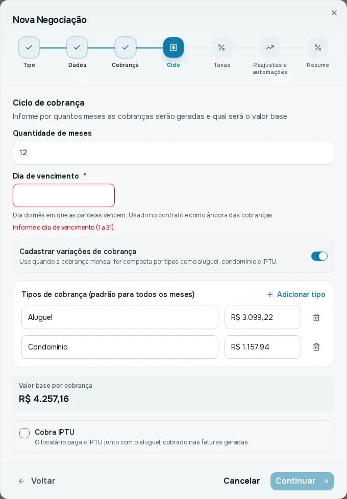 Passo Ciclo de cobrança com quantidade de meses, dia de vencimento obrigatório, variações de cobrança de aluguel e condomínio e opção Cobra IPTU