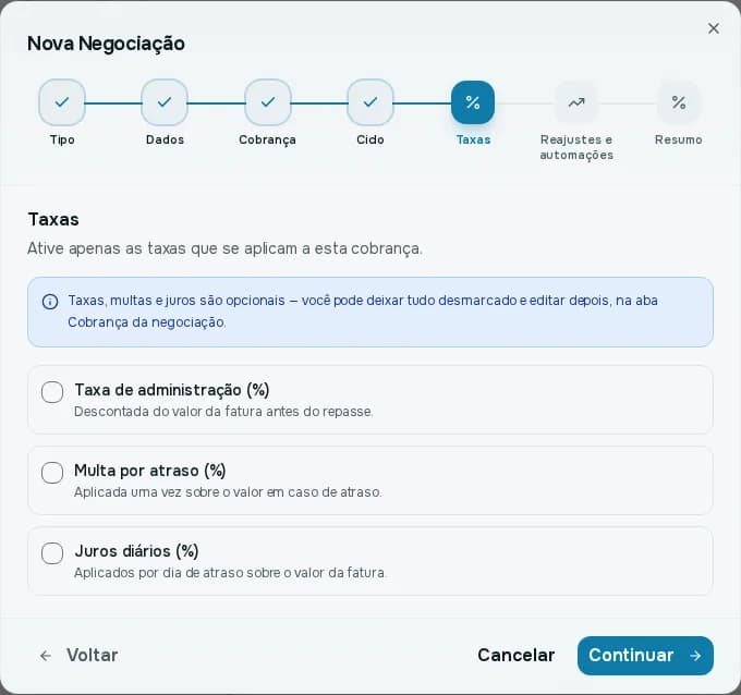Passo Taxas com taxa de administração, multa por atraso e juros diários
