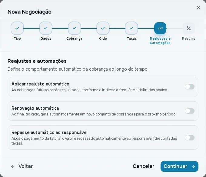 Passo Reajustes e automações com os interruptores de reajuste automático, renovação automática e repasse automático ao responsável