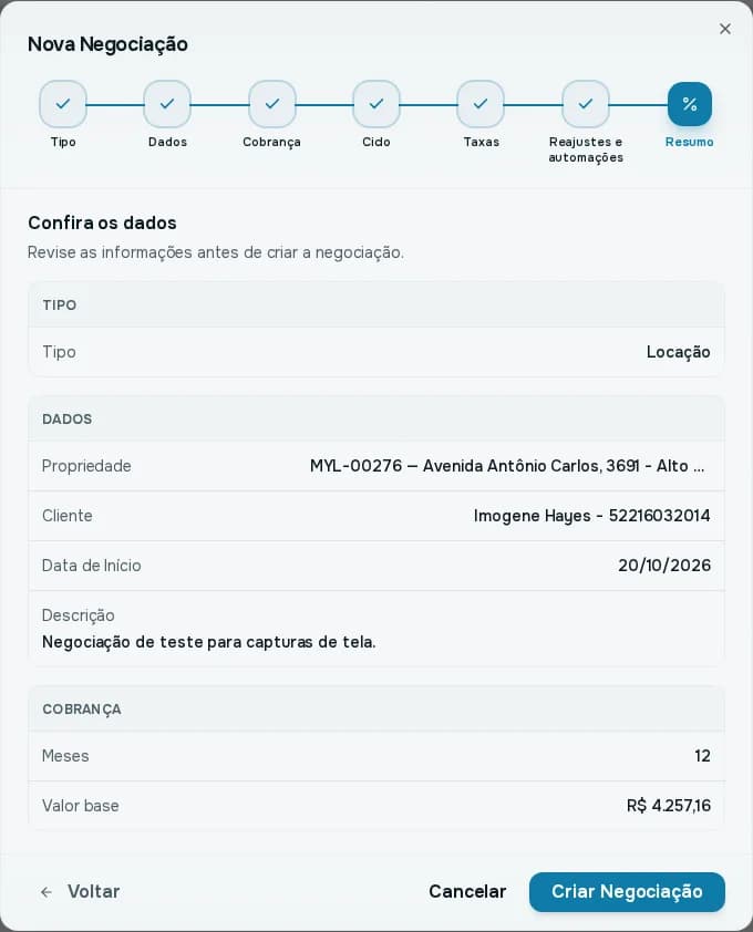 Resumo da negociação de locação com tipo, dados e a configuração de cobrança