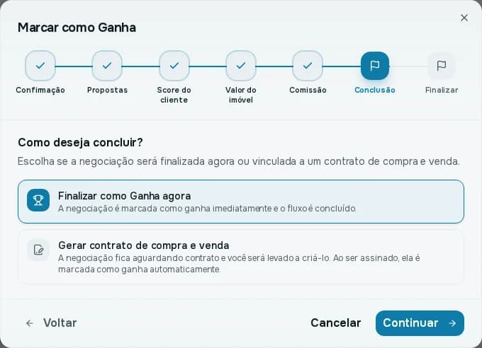 Último passo do assistente Marcar como Ganha, com as opções Finalizar como Ganha agora e Gerar contrato de compra e venda