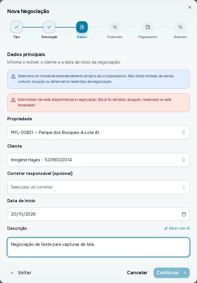 Passo Dados da venda de empreendimento, com o aviso para selecionar um imóvel de empreendimento próprio