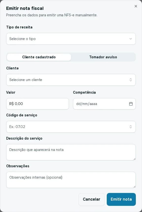 Janela Emitir nota fiscal com tipo de receita, escolha entre cliente cadastrado e tomador avulso, valor, competência, código de serviço, descrição do serviço e observações