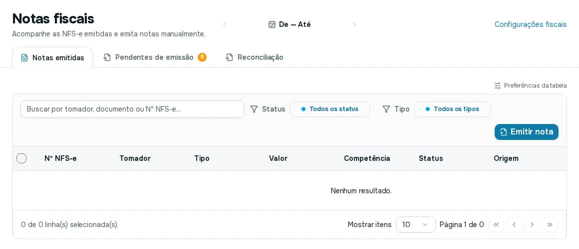 Aba Notas emitidas com o seletor de período, a busca, os filtros de status e tipo, o botão Emitir nota e a tabela de notas