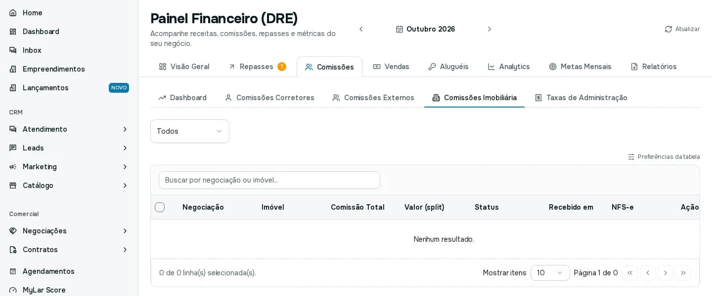 Sub-aba Comissões Imobiliária com filtro, busca e colunas de negociação, imóvel, comissão total, valor, status, recebido em e NFS-e