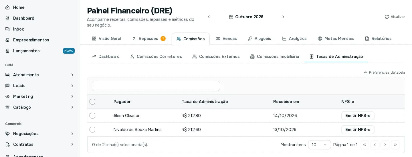 Sub-aba Taxas de Administração com duas taxas recebidas e o botão Emitir NFS-e em cada linha