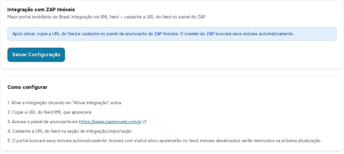 Página de integração com o ZAP Imóveis, com o aviso para copiar a URL do feed e cadastrar no painel do anunciante, e o botão Salvar Configuração