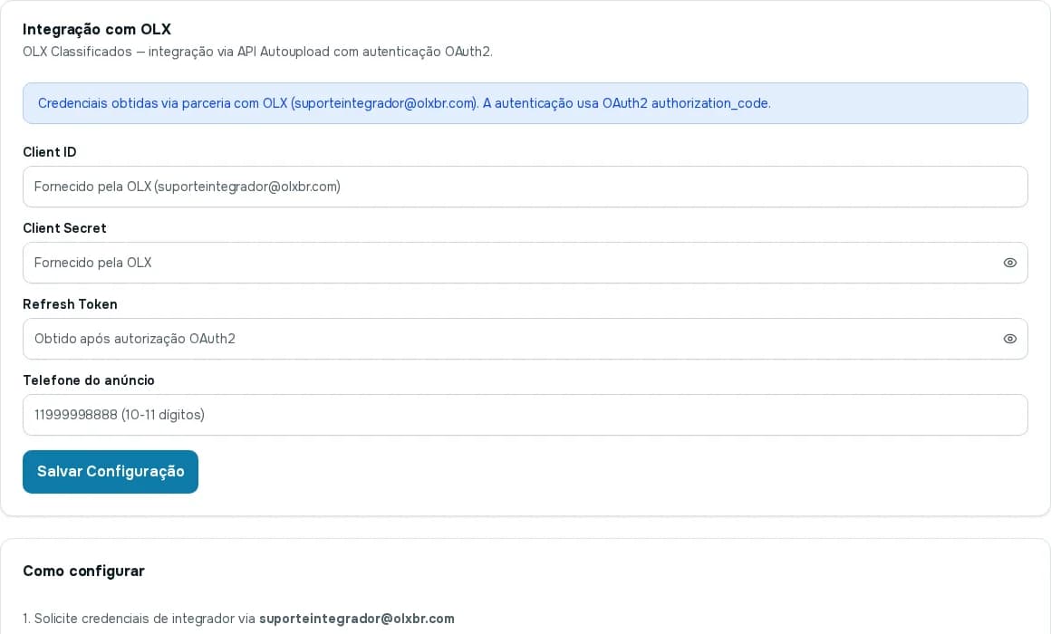 Página de integração com a OLX, com os campos Client ID, Client Secret, Refresh Token e Telefone do anúncio