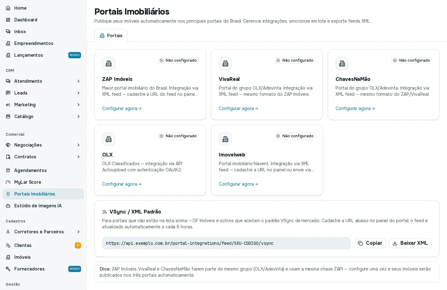 Tela Portais Imobiliários com os cartões ZAP Imóveis, VivaReal, ChavesNaMão, OLX e Imovelweb, todos como Não configurado, e o painel VSync / XML Padrão