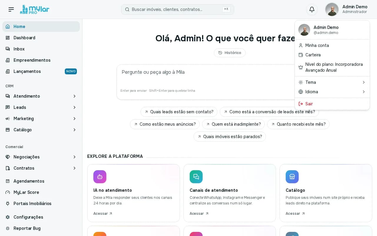 Menu do usuário aberto, com as opções Minha conta, Carteira, Nível do plano, Tema, Idioma e Sair
