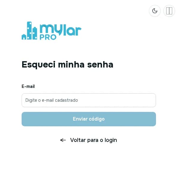 Tela Esqueci minha senha com o campo E-mail e o botão Enviar código