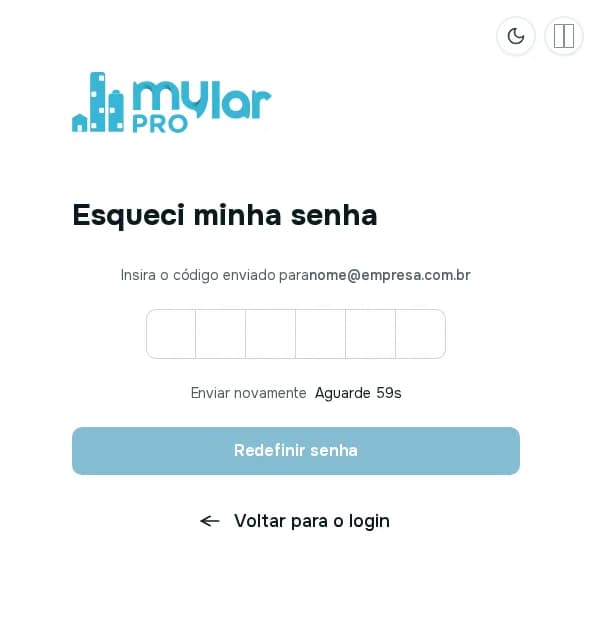 Tela com seis caixas para o código de recuperação, o link Enviar novamente e o botão Redefinir senha
