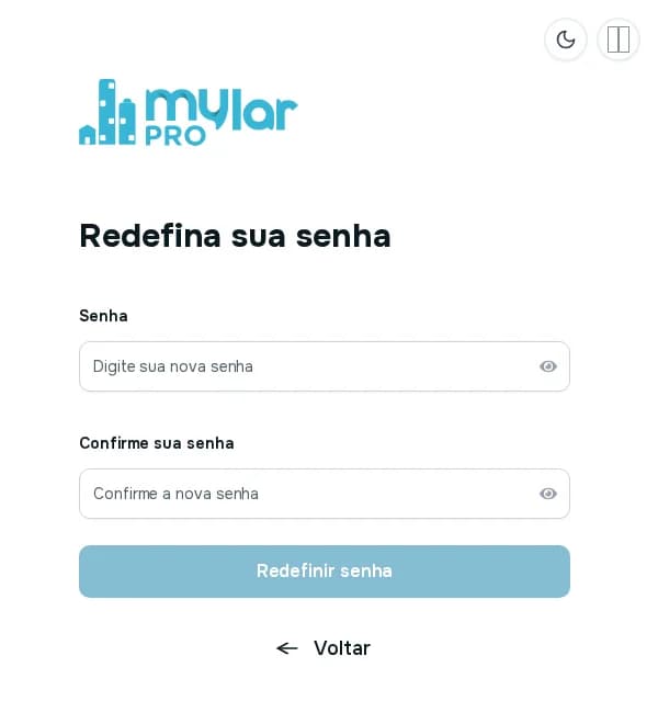Tela Redefina sua senha com os campos Senha e Confirme sua senha e o botão Redefinir senha