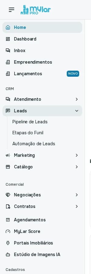 Menu lateral com o item Leads aberto mostrando Pipeline de Leads, Etapas do Funil e Automação de Leads