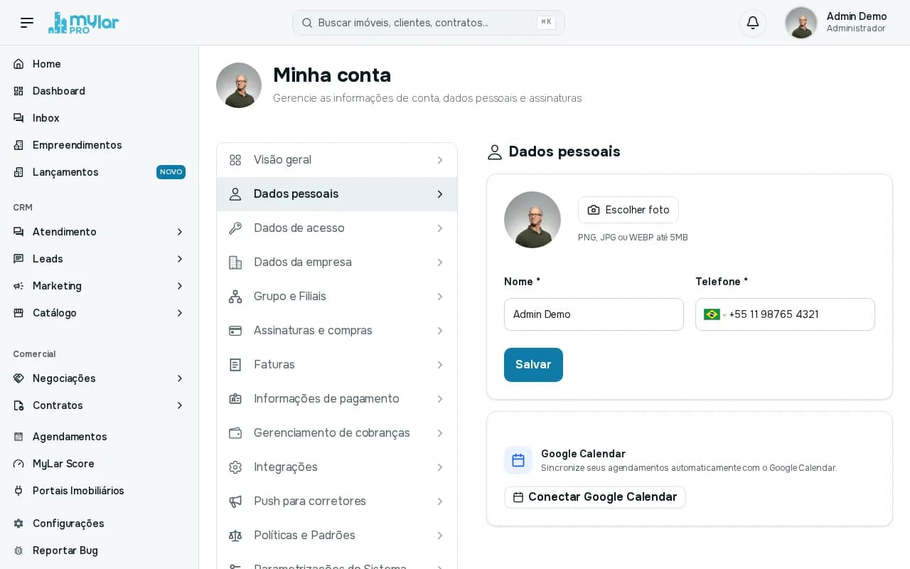 Página Dados pessoais com a foto, o botão Escolher foto, os campos Nome e Telefone e o botão Salvar
