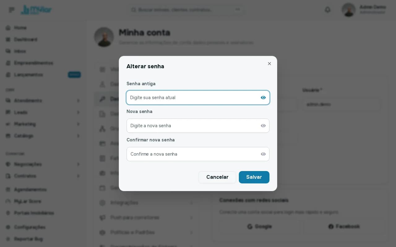 Janela Alterar senha com os campos Senha antiga, Nova senha e Confirmar nova senha e os botões Cancelar e Salvar