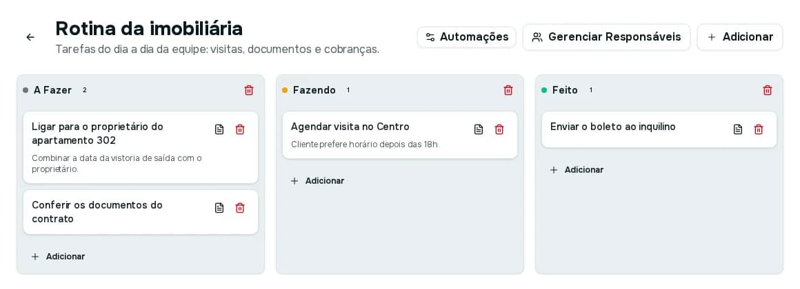Quadro Rotina da imobiliária com as colunas A Fazer, Fazendo e Feito, cada uma com seus cartões de tarefa, e os botões Automações, Gerenciar Responsáveis e Adicionar no topo
