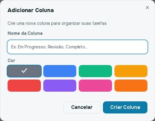 Janela Adicionar Coluna com o campo Nome da Coluna e uma paleta de oito cores