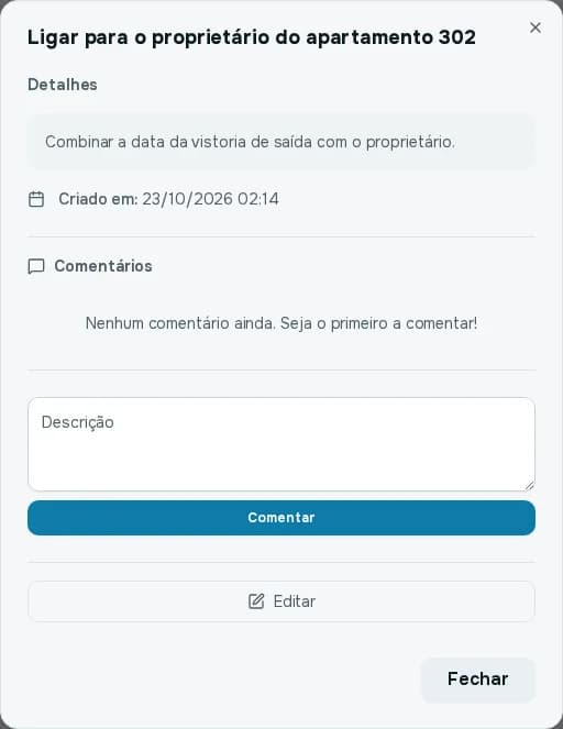 Janela de detalhes de uma tarefa com a descrição, a data de criação, a área de comentários e os botões Comentar, Editar e Fechar